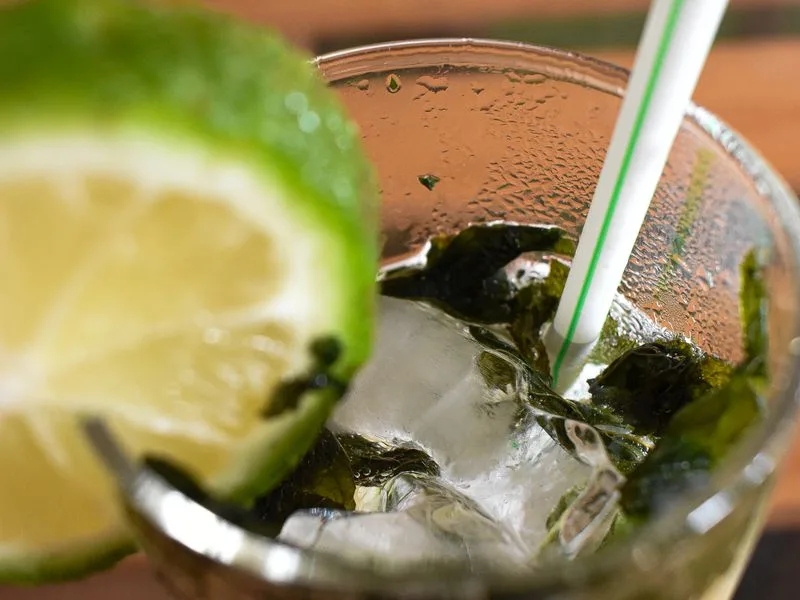 Imagen de referencia: mojito con hielo, hojas de hierbabuena y una rodaja de limu{00F3}n en el borde