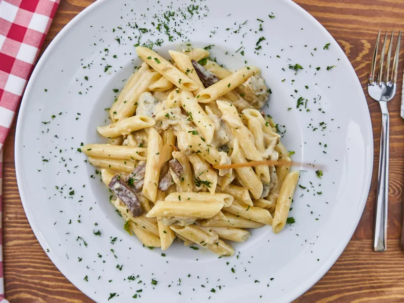 Imagen de referencia: pasta corta en salsa cremosa con perejil